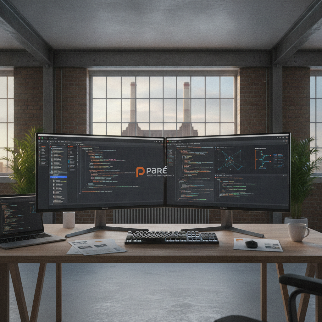 Sleek modern web development workspace in Battersea London with dual monitors displaying custom code
