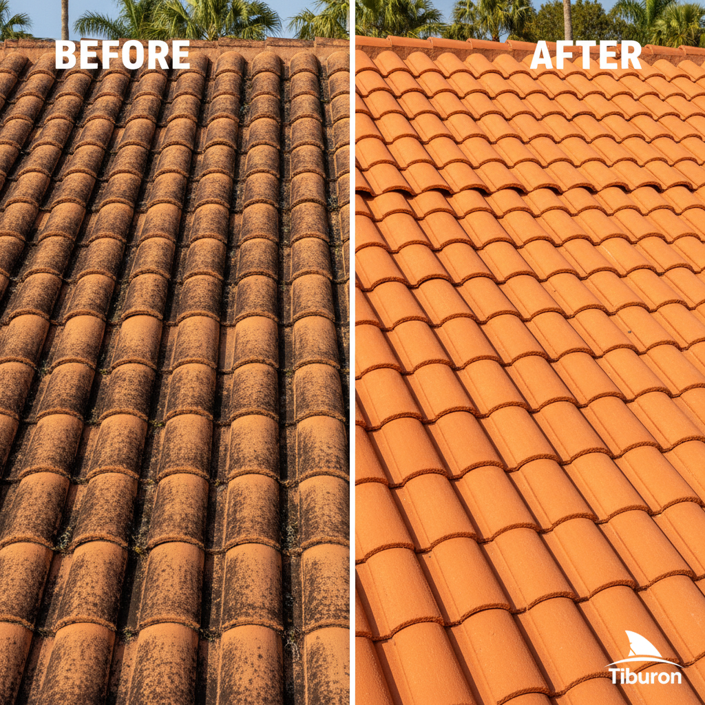 Black algae streaked tile roof before soft washing transformed into bright clean roof after Tiburon treatment in Boca Raton
