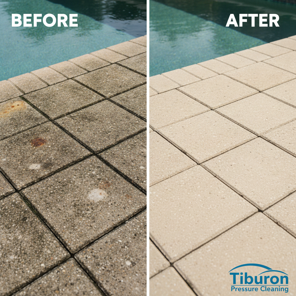Grimy stained pool deck pavers before cleaning transformed into freshly cleaned bright pool patio after Tiburon service in Delray Beach