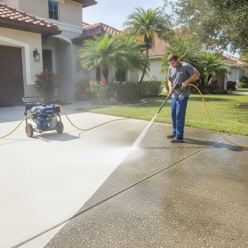 Freshly pressure-washed driveway and luxury Florida home exterior with aqua water spray restoring pristine white concrete