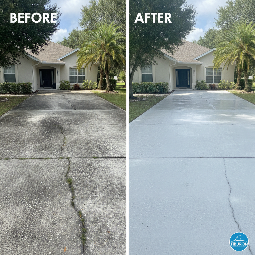 Dirty stained concrete driveway before pressure washing transformed into spotless clean driveway after Tiburon service in Boynton Beach