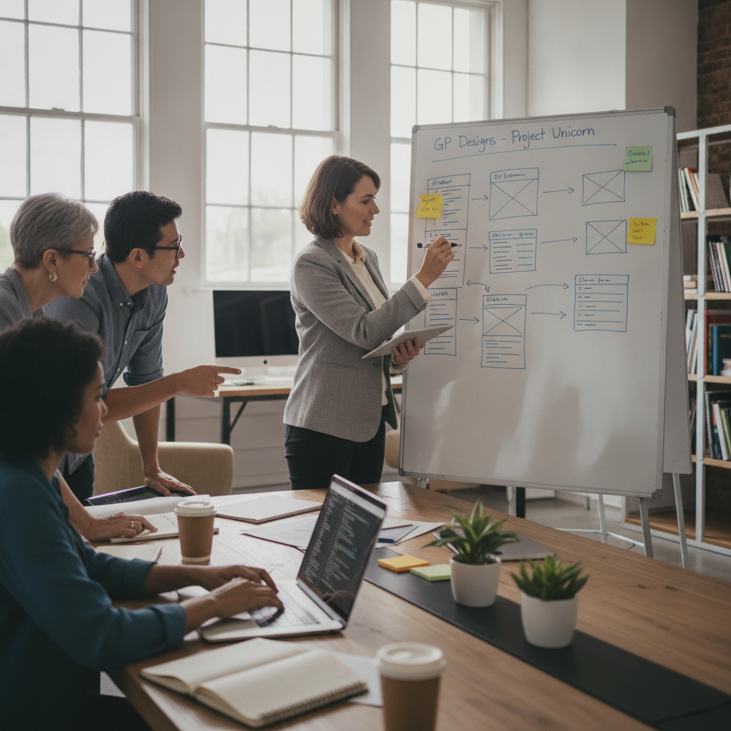 Web designer collaborating with team and sketching website wireframes on a whiteboard