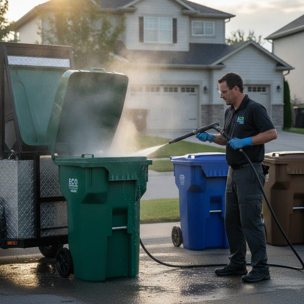 Professional technician performing high-temperature garbage bin pressure washing and sanitization