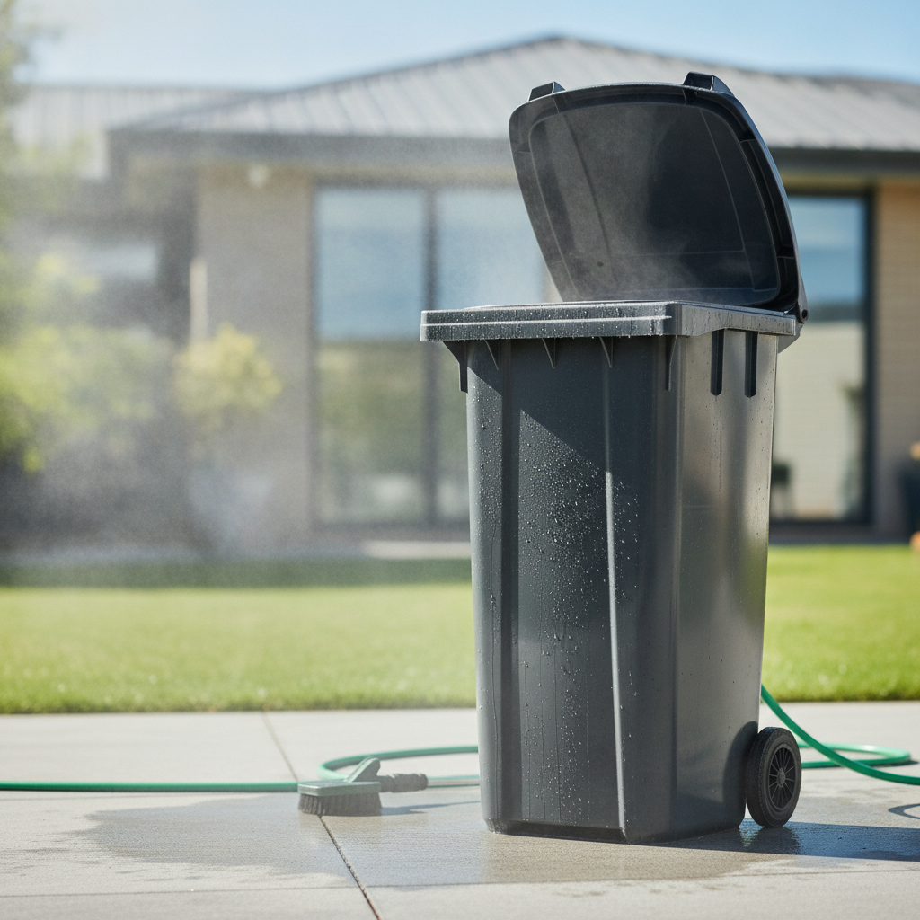 Sparkling clean and freshly sanitized garbage bin after pressure washing