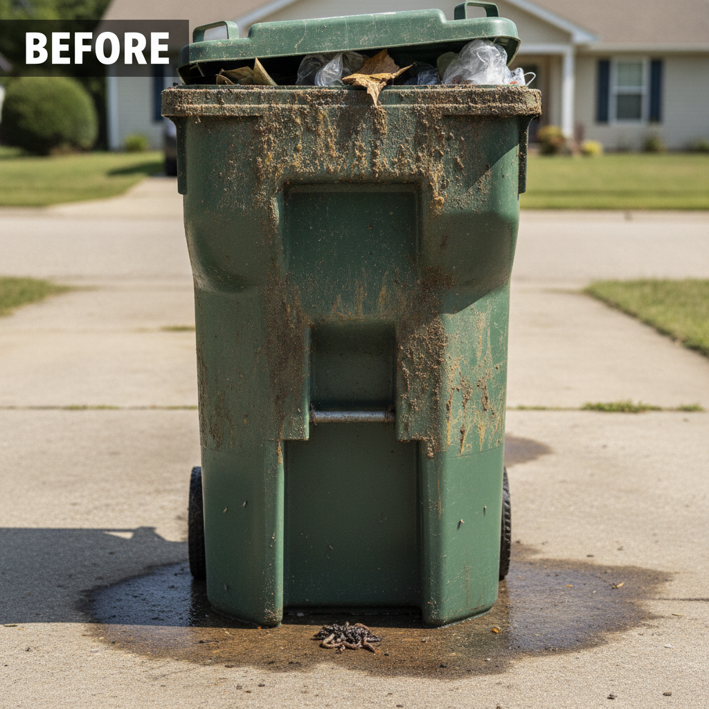 Extremely dirty and stained garbage bin before professional pressure washing