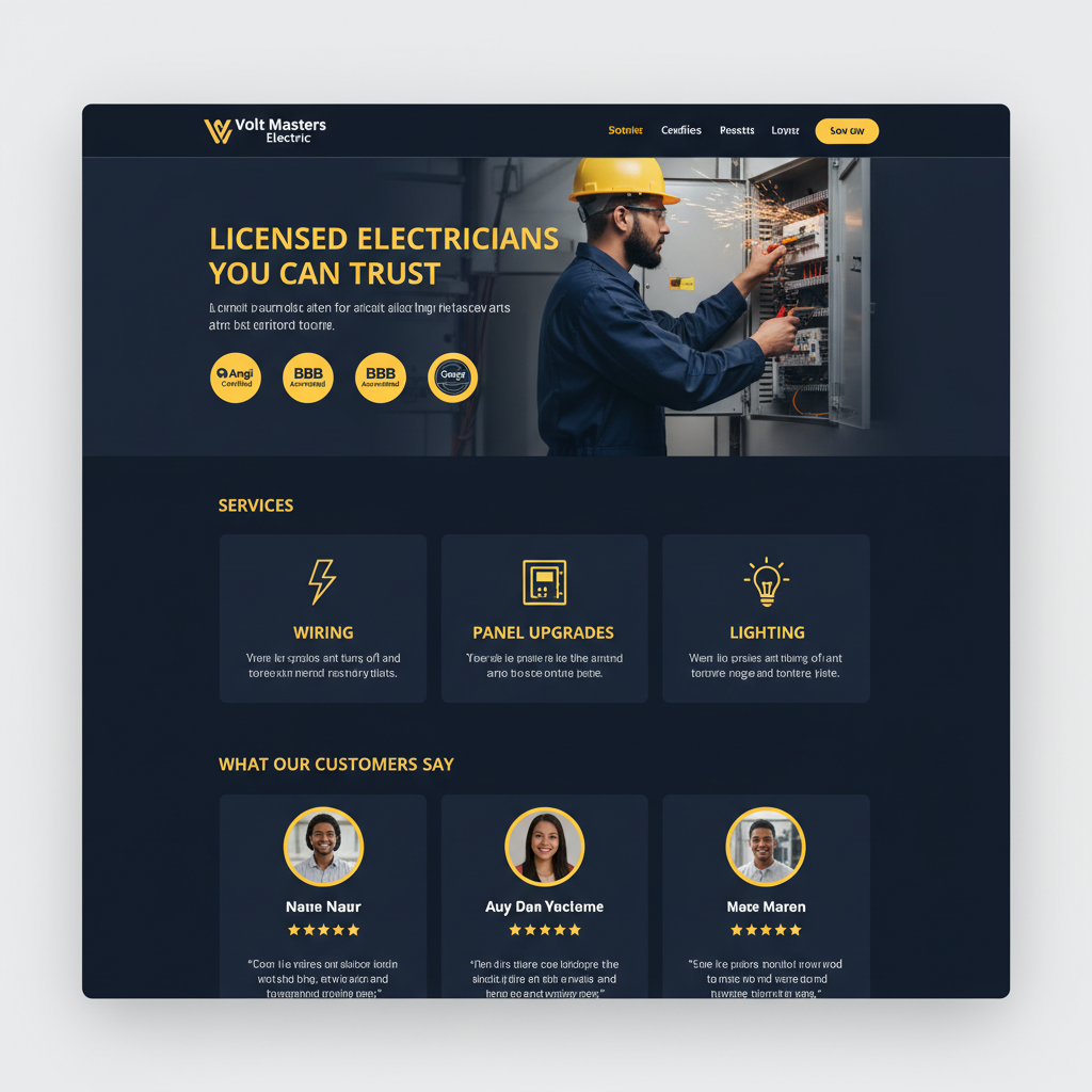 Full website screenshot for Volt Masters Electric, entire electrician business landing page with hero section showing electrician working on panel, headline Licensed Electricians You Can Trust, trust badges row, services grid for wiring panel upgrades lighting, testimonials section with star ratings, yellow and dark navy theme, flat web page screenshot no device