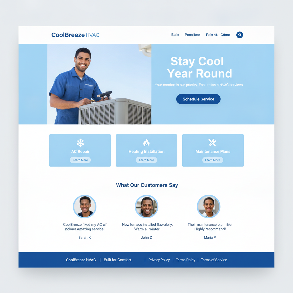 Full homepage screenshot for CoolBreeze HVAC website, complete landing page with hero banner showing HVAC technician servicing air conditioner, headline Stay Cool Year Round, sections for AC repair heating installation maintenance plans, customer reviews block, sky blue and white professional web page design, flat screenshot view no device frame