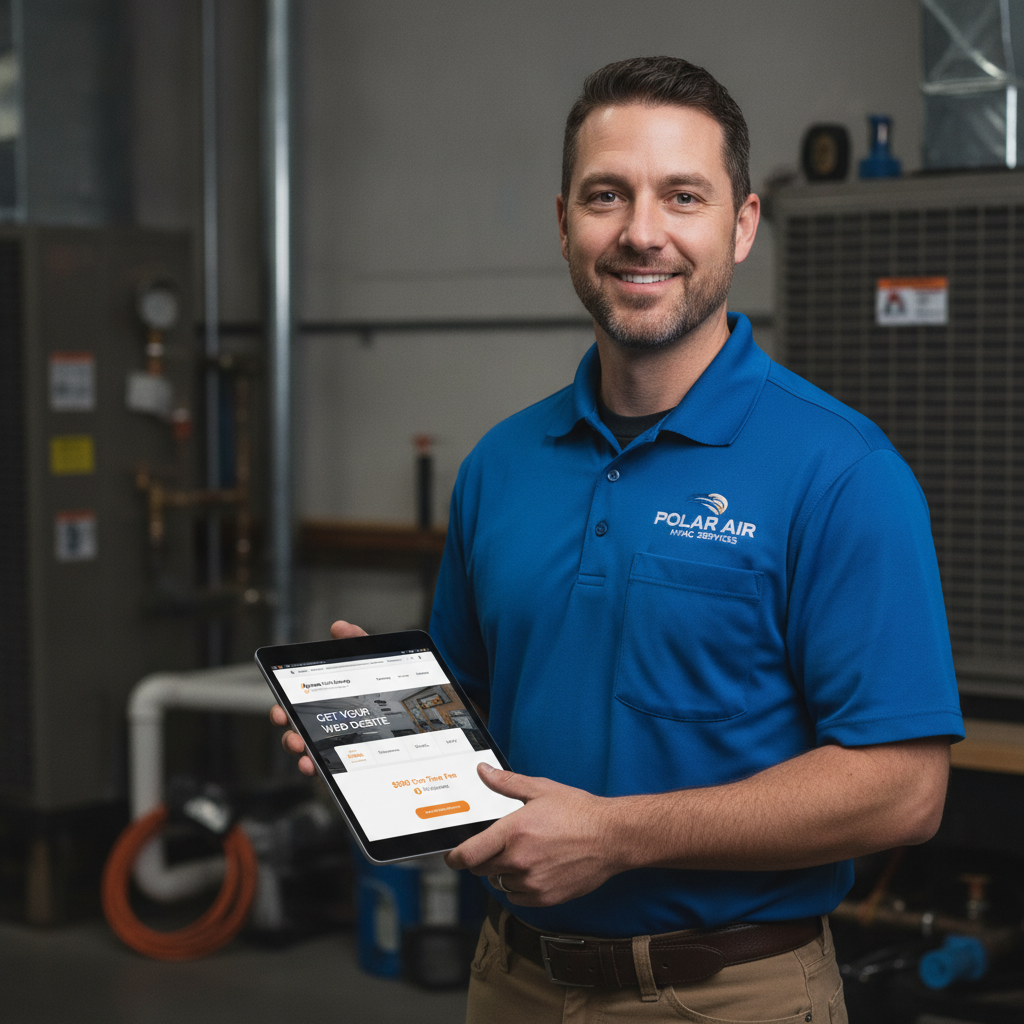Professional HVAC contractor holding a tablet with a modern website design