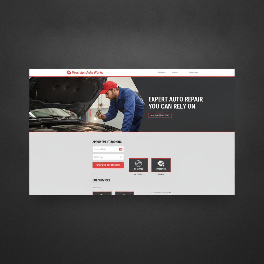 Full homepage screenshot for Precision Auto Works, complete auto repair shop website with hero banner showing mechanic working under car hood, headline Expert Auto Repair You Can Rely On, appointment booking section with date picker, services overview oil change brakes diagnostics, red and charcoal theme, flat web page view no device mockup