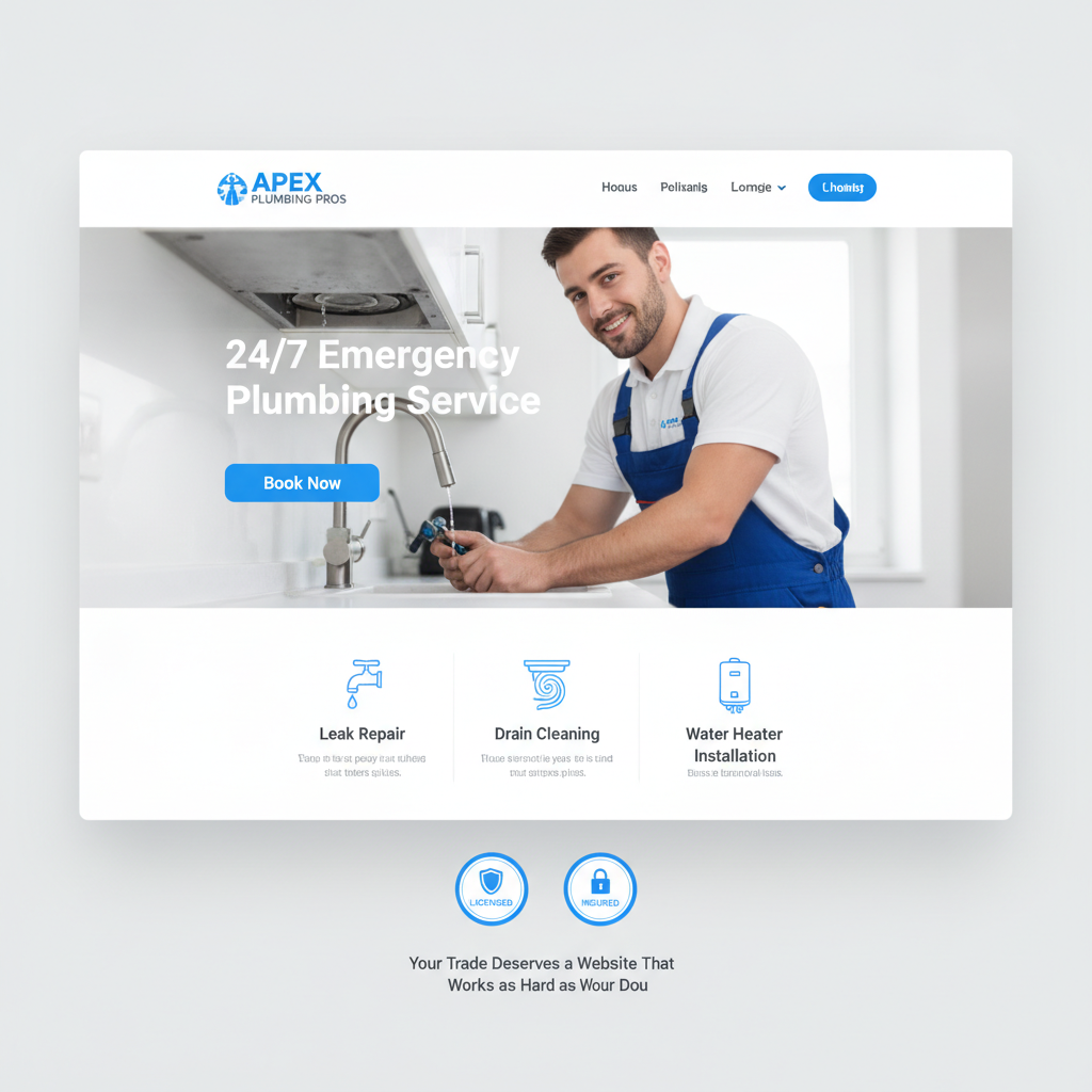 Full landing page screenshot for Apex Plumbing Pros website with hero banner showing professional plumber at work, headline 24/7 Emergency Plumbing Service, CTA button Book Now, services grid for leak repair drain cleaning water heater installation, trust badges licensed insured, modern blue and white color scheme, flat web page view no device mockup