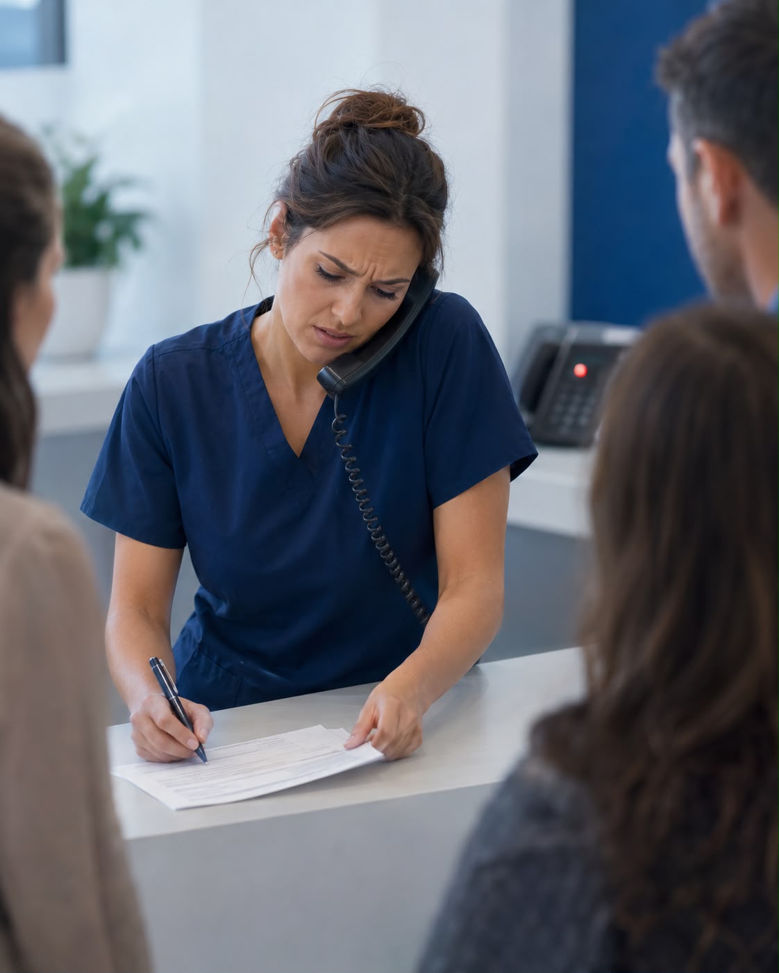 Busy dental practice front desk juggling phones and patients