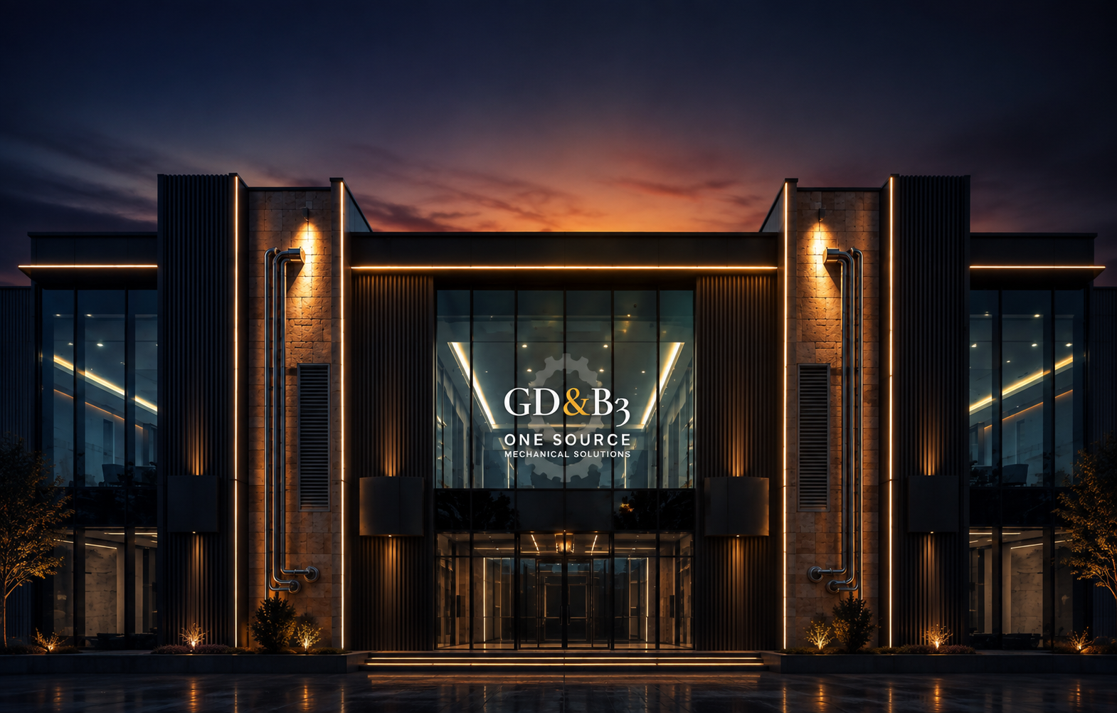 Modern luxury architectural building facade at twilight with dramatic lighting showcasing premium mechanical HVAC engineering