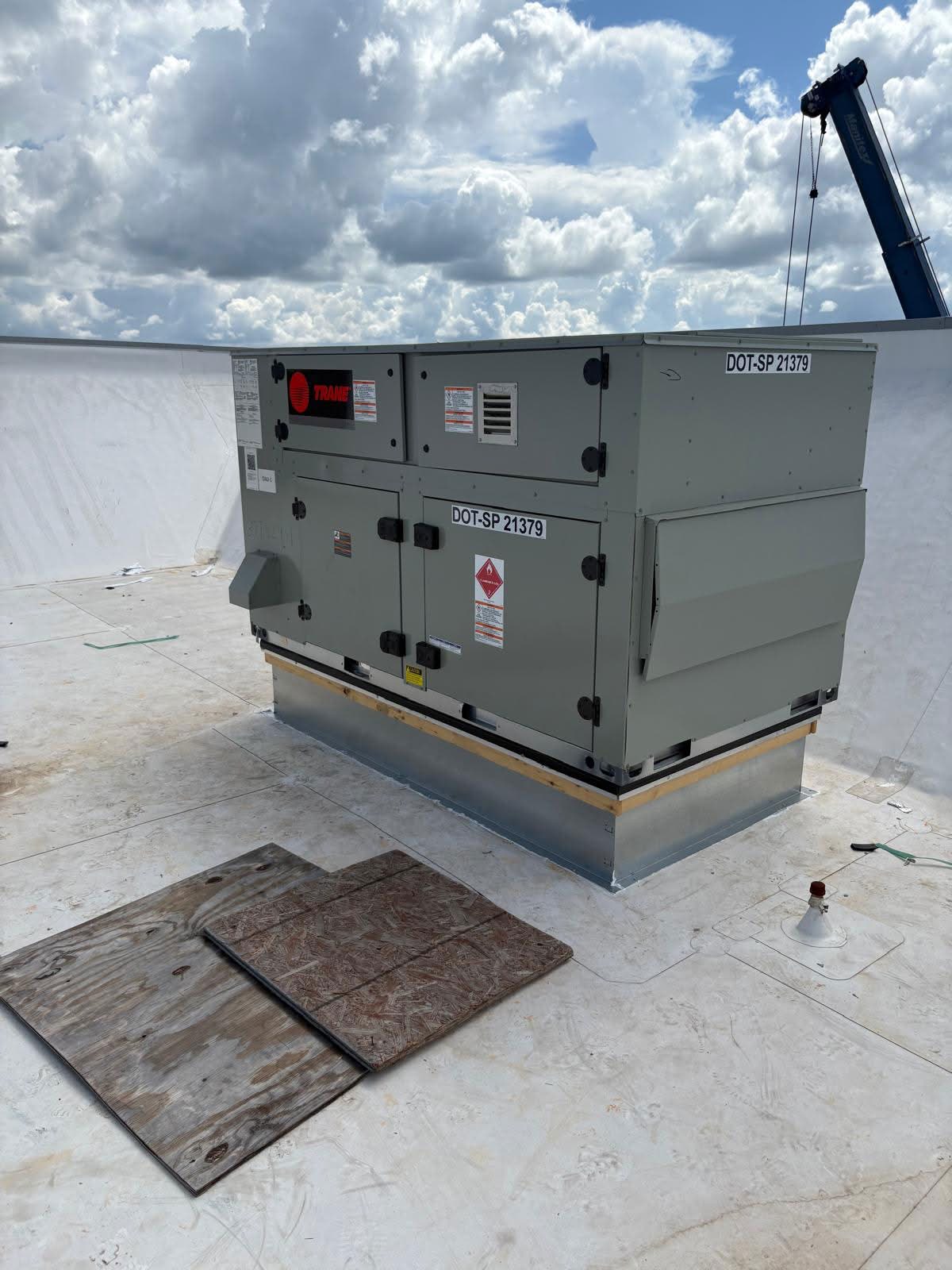 Large Trane commercial rooftop HVAC unit installation by GD&B3 One Source Mechanical Solutions