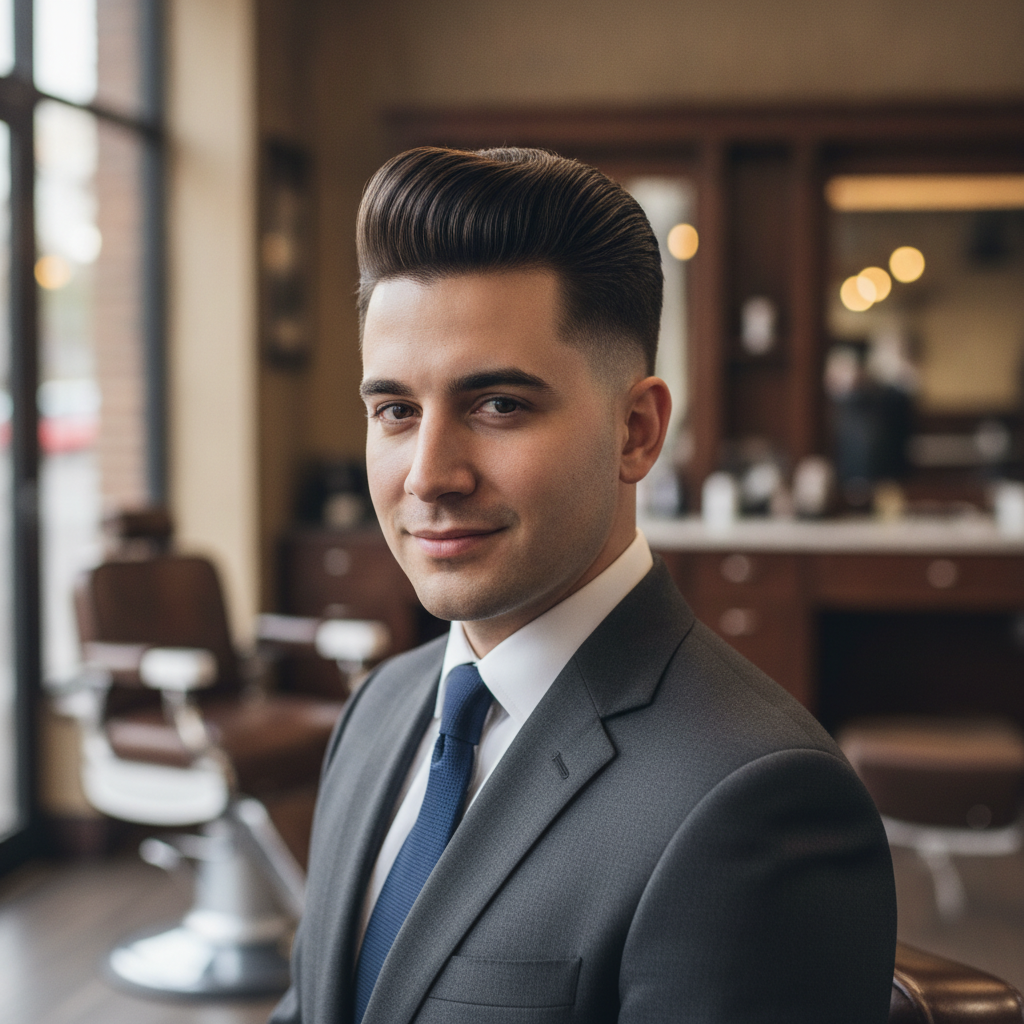 Client with a voluminous and expertly styled classic pompadour haircut
