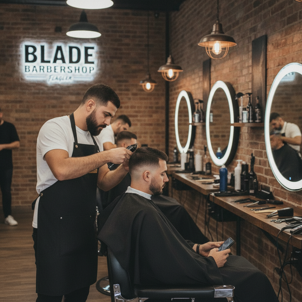 Professional barber giving a precision fade haircut at Blade Barbershop Flagler