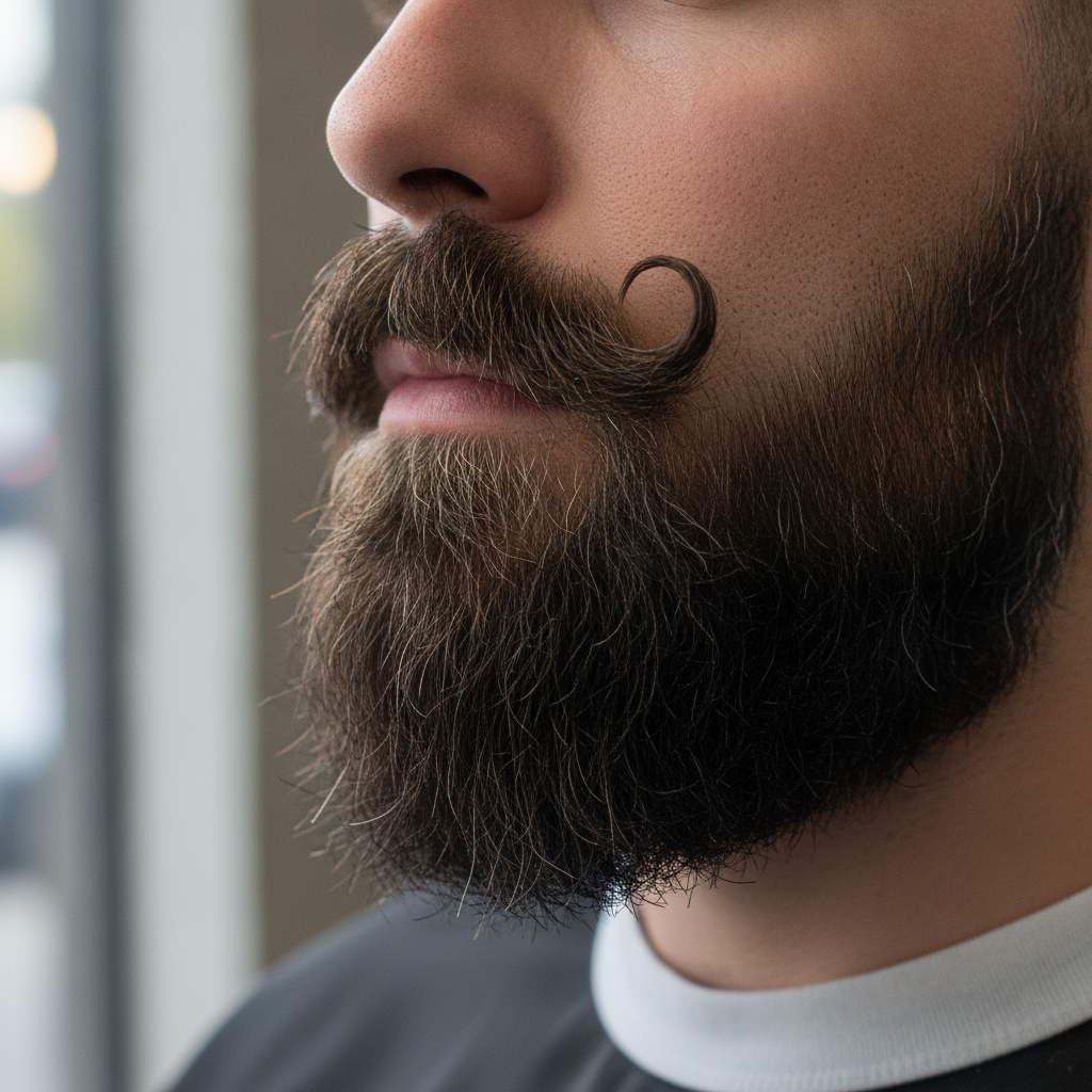 Detailed shot of a perfectly sculpted beard and manicured mustache