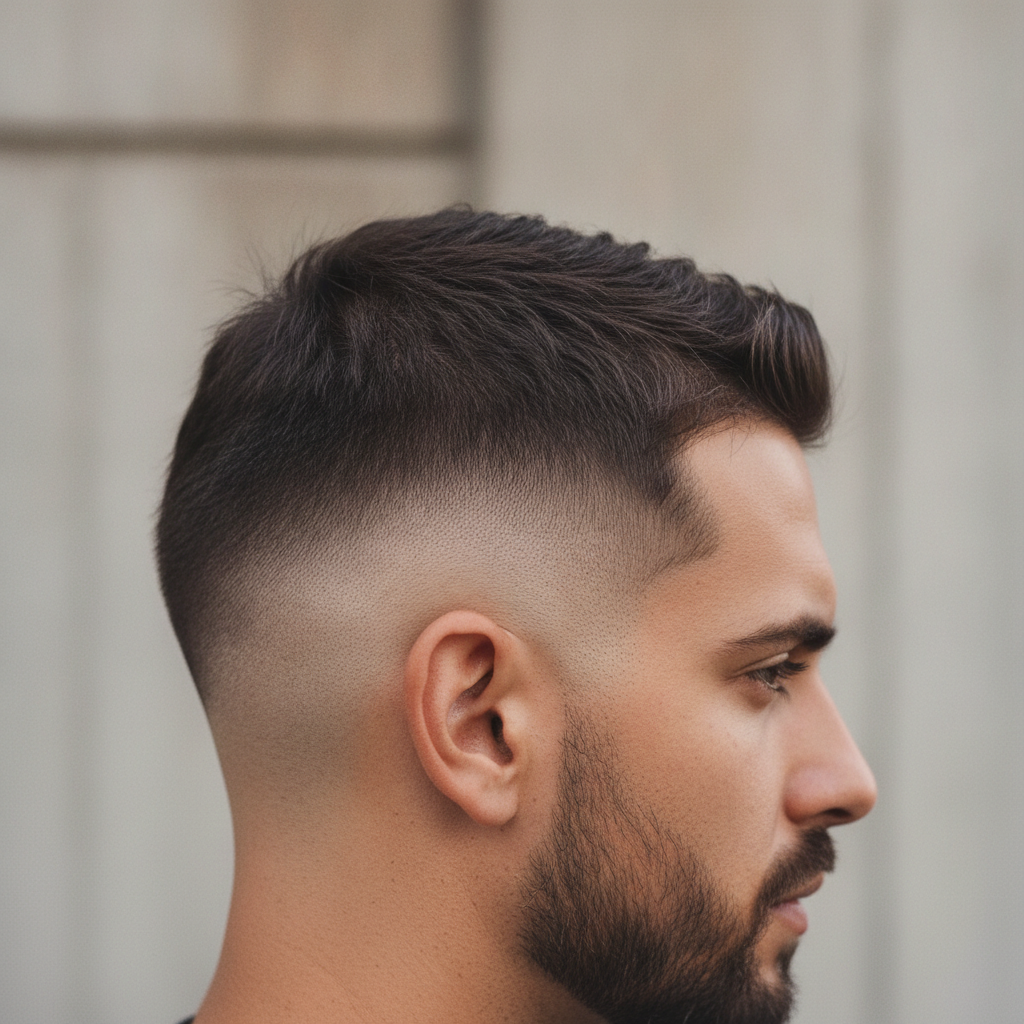 Close-up of a client with a perfectly executed sharp skin fade haircut