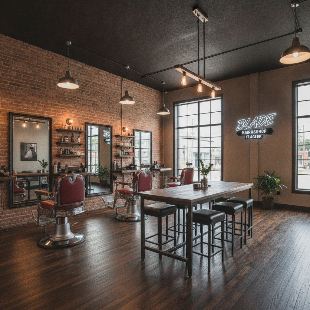 Stylish and modern interior of Blade Barbershop Flagler with vintage barber chairs