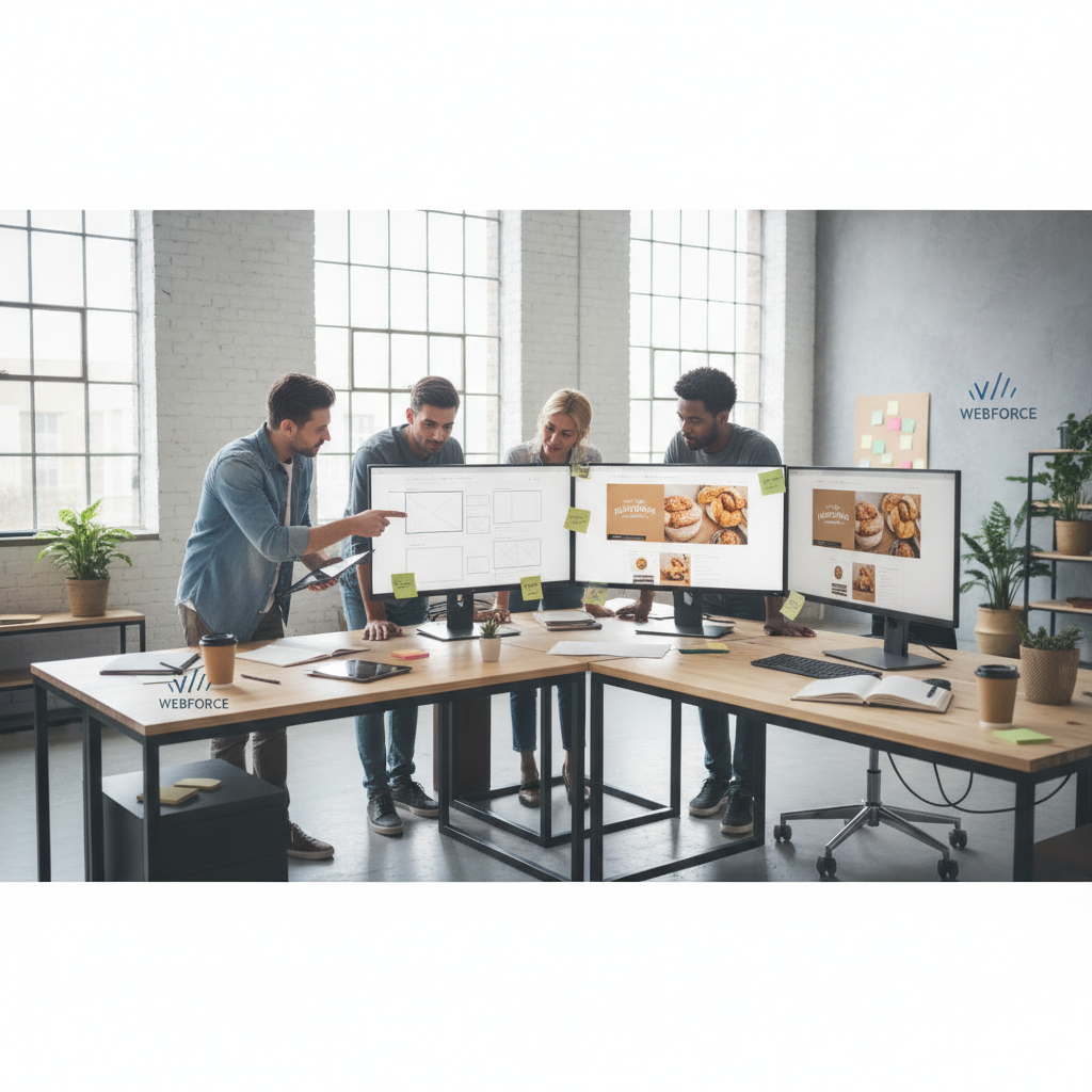 Webforce design team collaborating on a client website in a modern studio with wireframes and mockups displayed on monitors