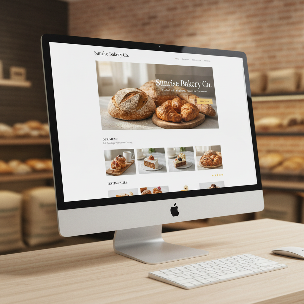 Sunrise Bakery website homepage featuring artisan bread photography, online ordering, and clean modern design