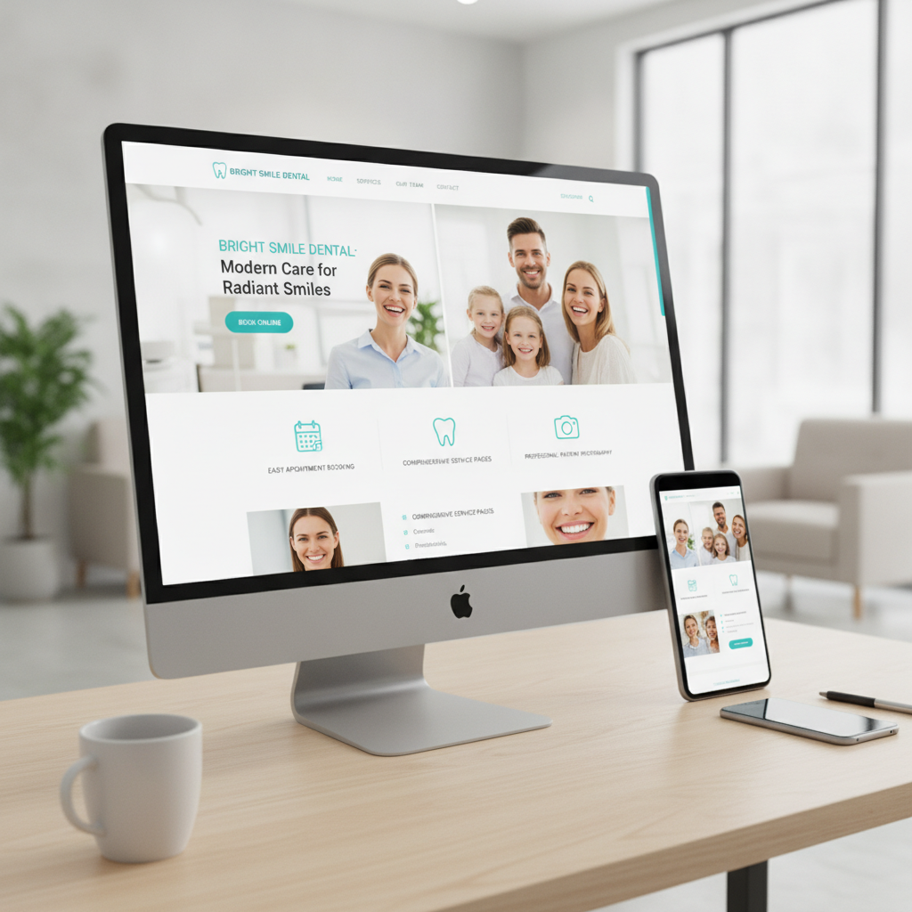 Bright Smile Dental website with appointment booking, service pages, and professional patient photography