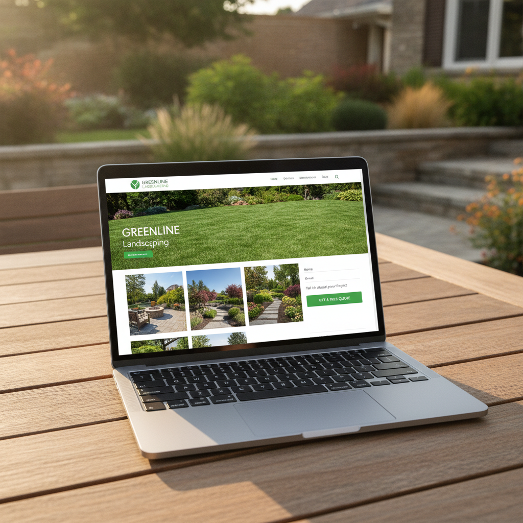 Greenline Landscaping website featuring lush lawn photography, service galleries, and prominent free quote request form
