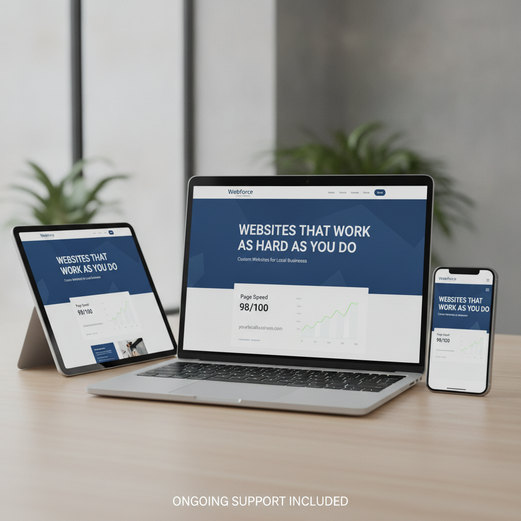 Sleek modern responsive website mockup displayed across a laptop, tablet, and smartphone showing a custom web design for a local business