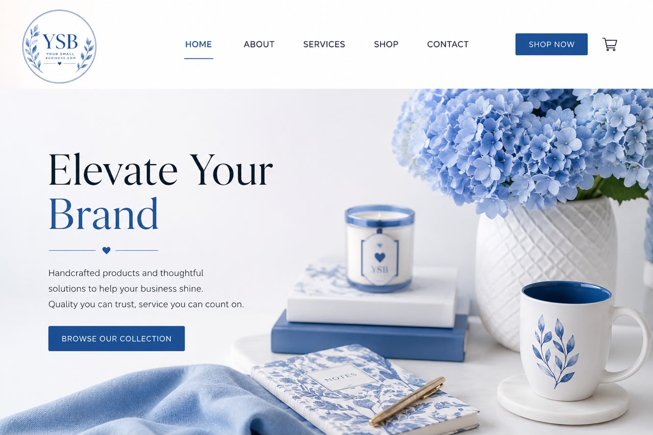 Modern small business website design showcasing a local bakery homepage with hero section, product gallery, customer testimonials, and online booking form