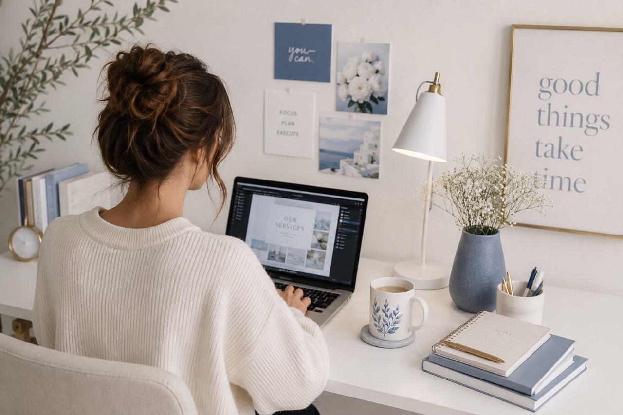Small business owner reviewing custom website design on laptop in modern workspace