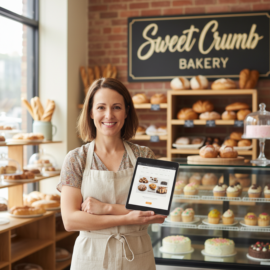 Small business bakery owner standing in her shop