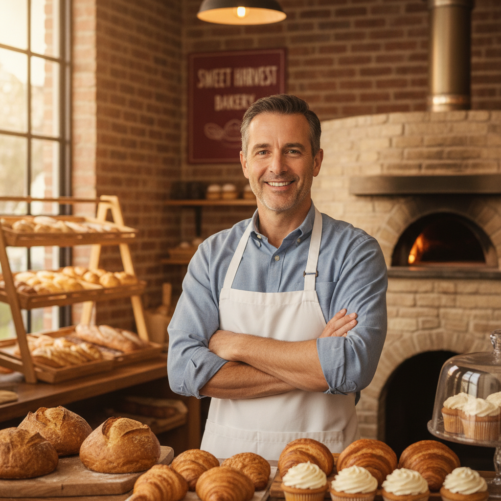 Local bakery shop owner smiling portrait