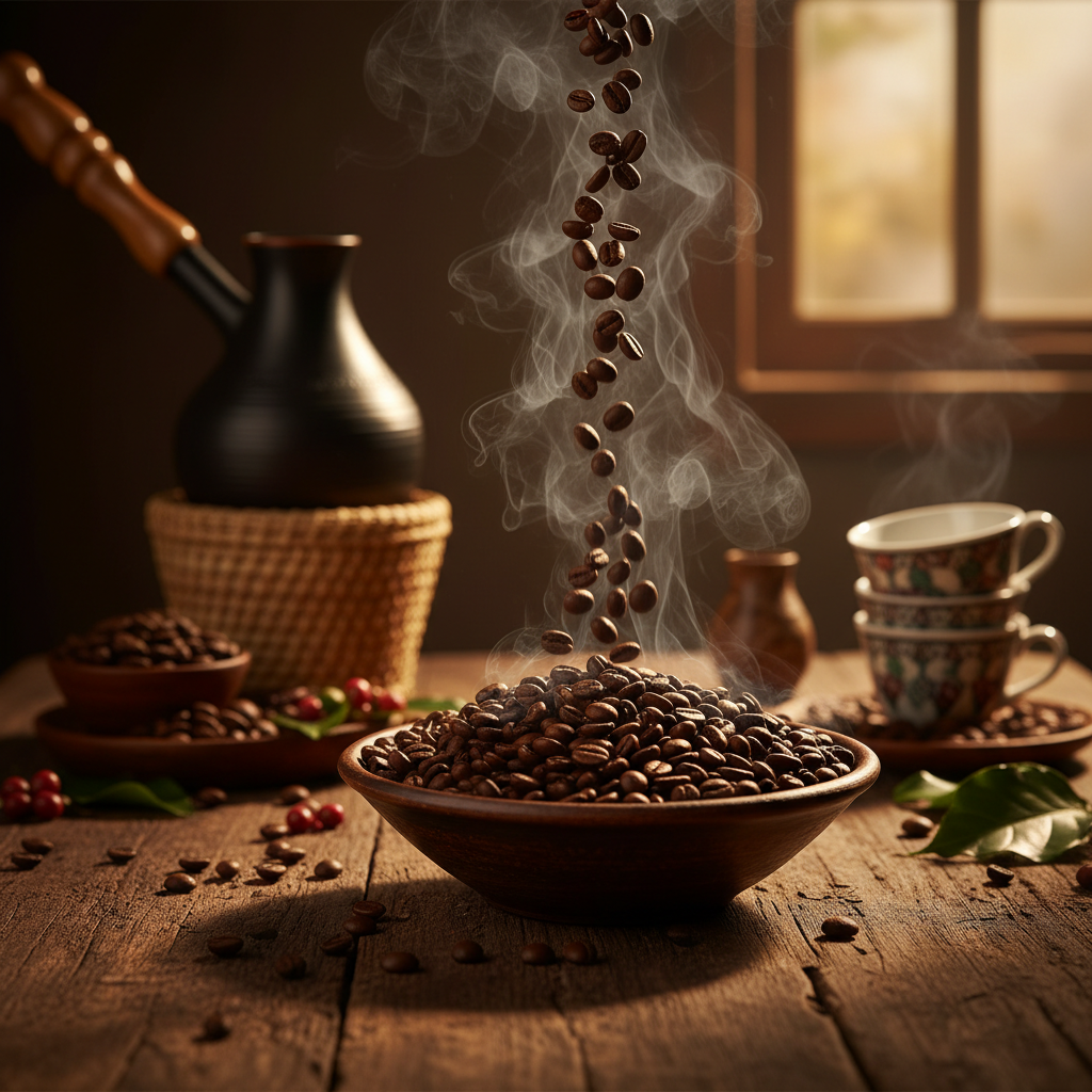 Dark coffee beans pouring with steam