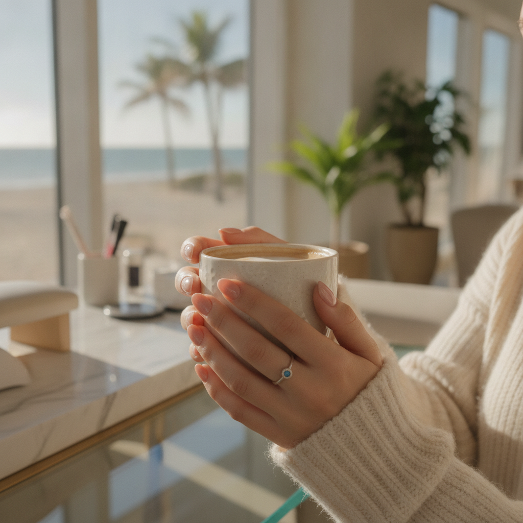 A relaxed client holding a ceramic latte mug, showcasing her fresh, glossy nude manicure in the sunlit salon.