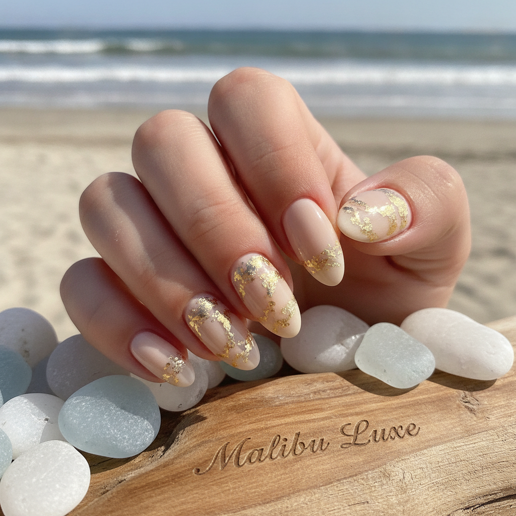 Close-up of a sophisticated manicure featuring intricate gold leaf detailing on a neutral base color.