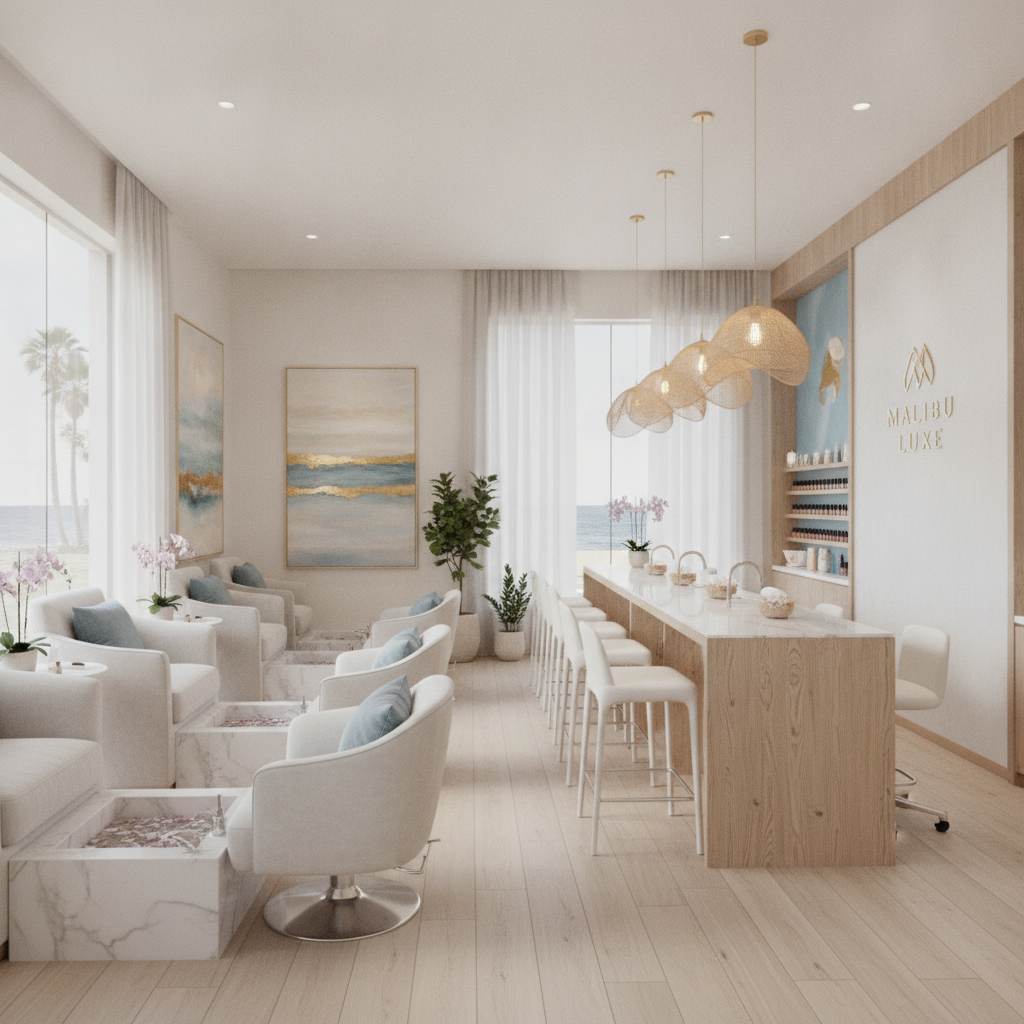 Elegant and serene interior of a luxury nail salon in Malibu with coastal decor