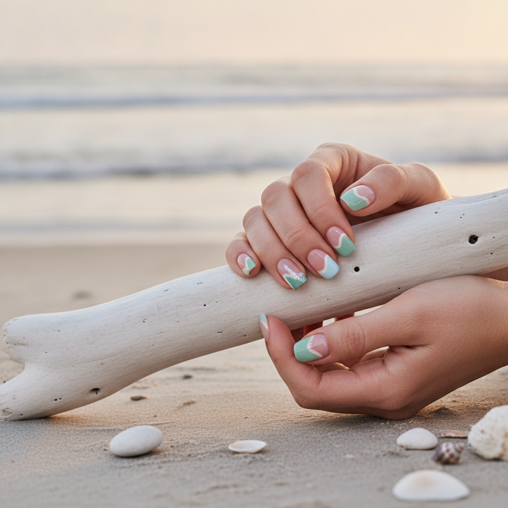 Perfectly manicured hands showing a minimalist design with soft pastel colors, reflecting a coastal aesthetic.