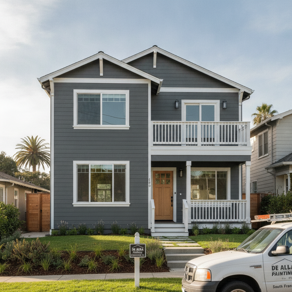 Freshly painted modern two story home exterior with charcoal siding and crisp white trim completed by De Alba in South San Francisco