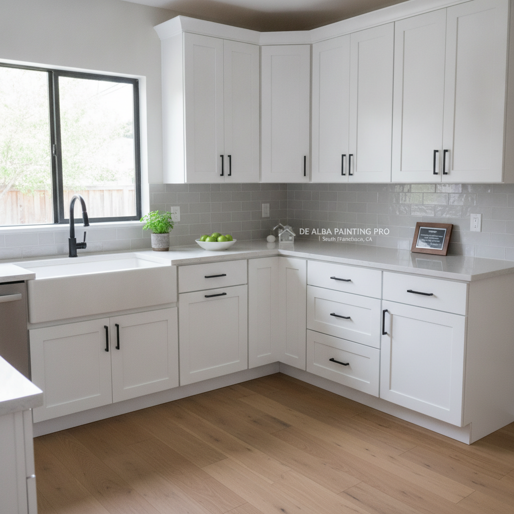 Beautifully refinished white shaker kitchen cabinets with matte black hardware transformed by De Alba's cabinet refinishing service