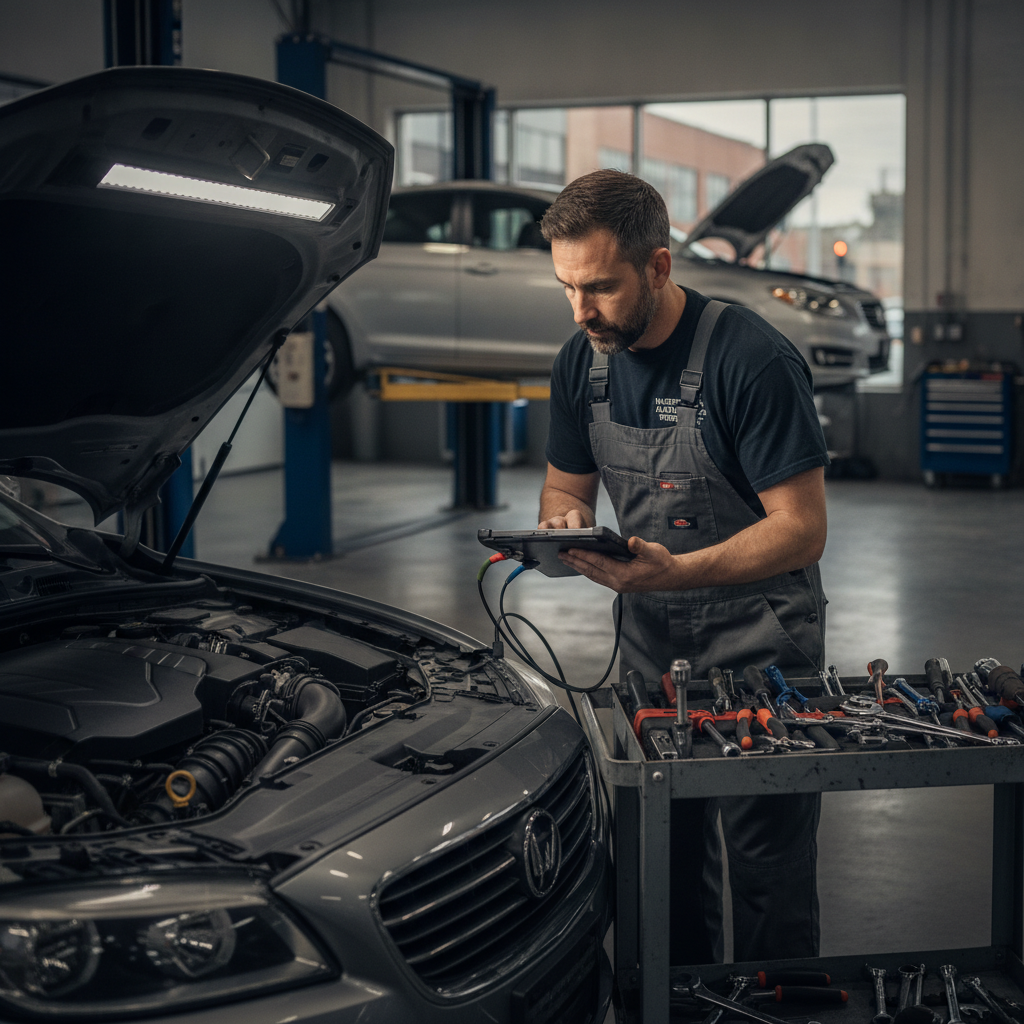 Skilled mechanic working under car hood in professional auto repair shop with tools and diagnostic equipment