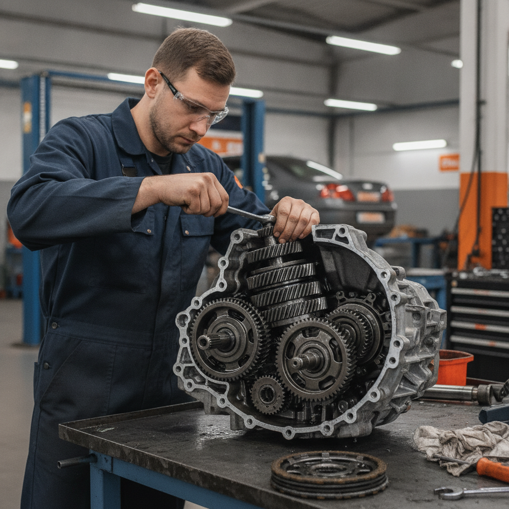 Skilled mechanic repairing car transmission gears and clutch in professional auto shop