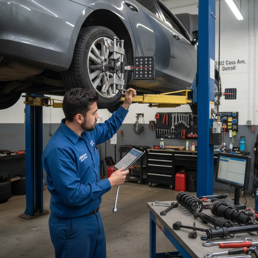Mechanic performing wheel alignment and suspension repair with shocks and struts on lifted car