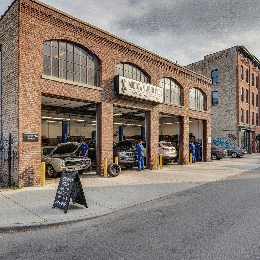 Midtown Auto Pros brick storefront auto repair garage with open bay doors and mechanics working on cars on a Detroit urban street