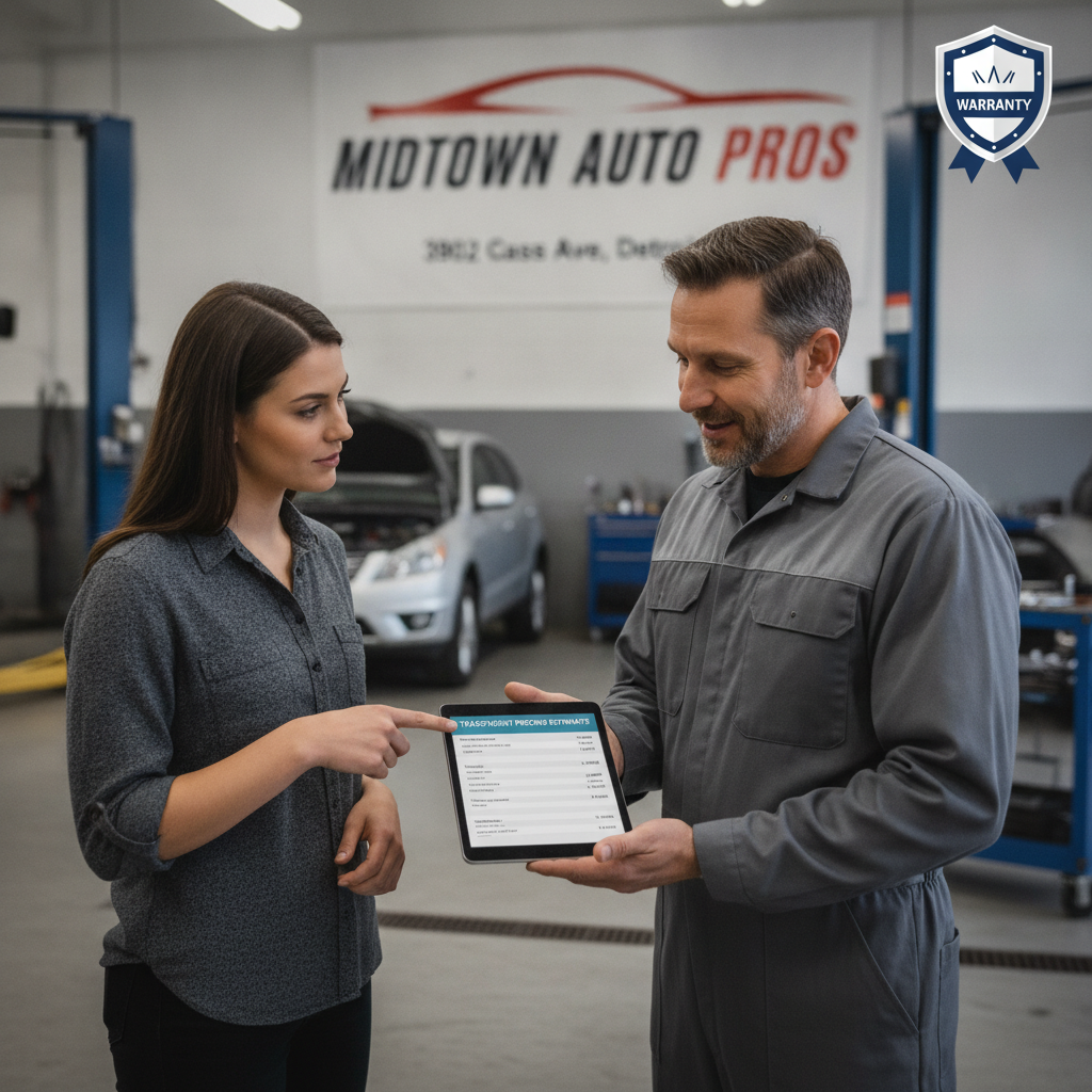 Auto mechanic reviewing transparent pricing estimate with customer at repair shop