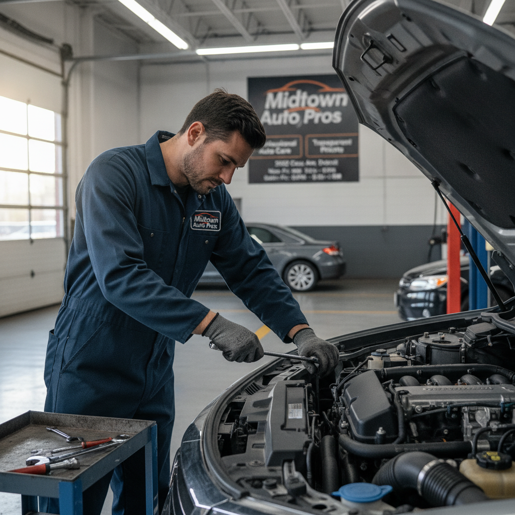 Expert auto mechanic in navy coveralls repairing a car engine with a wrench inside a bright, professional Detroit garage workshop at Midtown Auto Pros