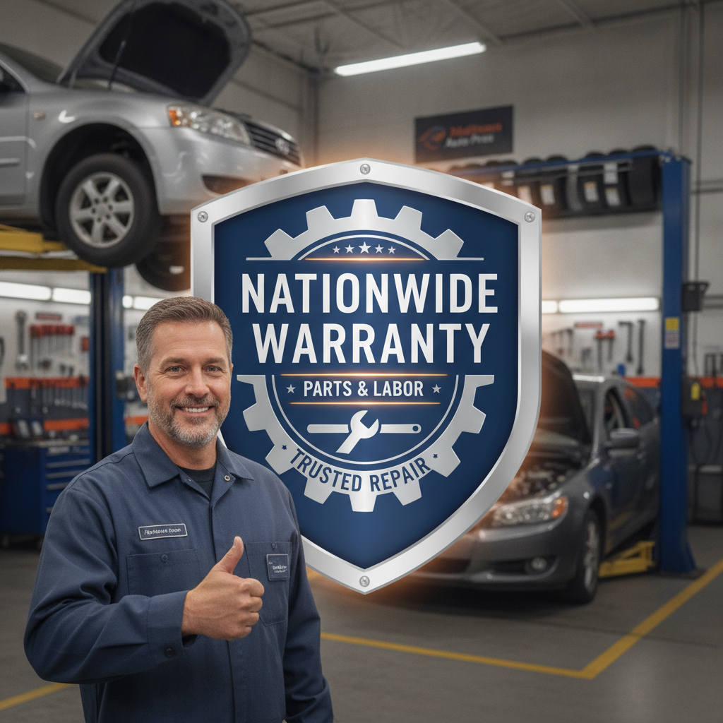 Warranty shield badge over car repair garage with trusted mechanic