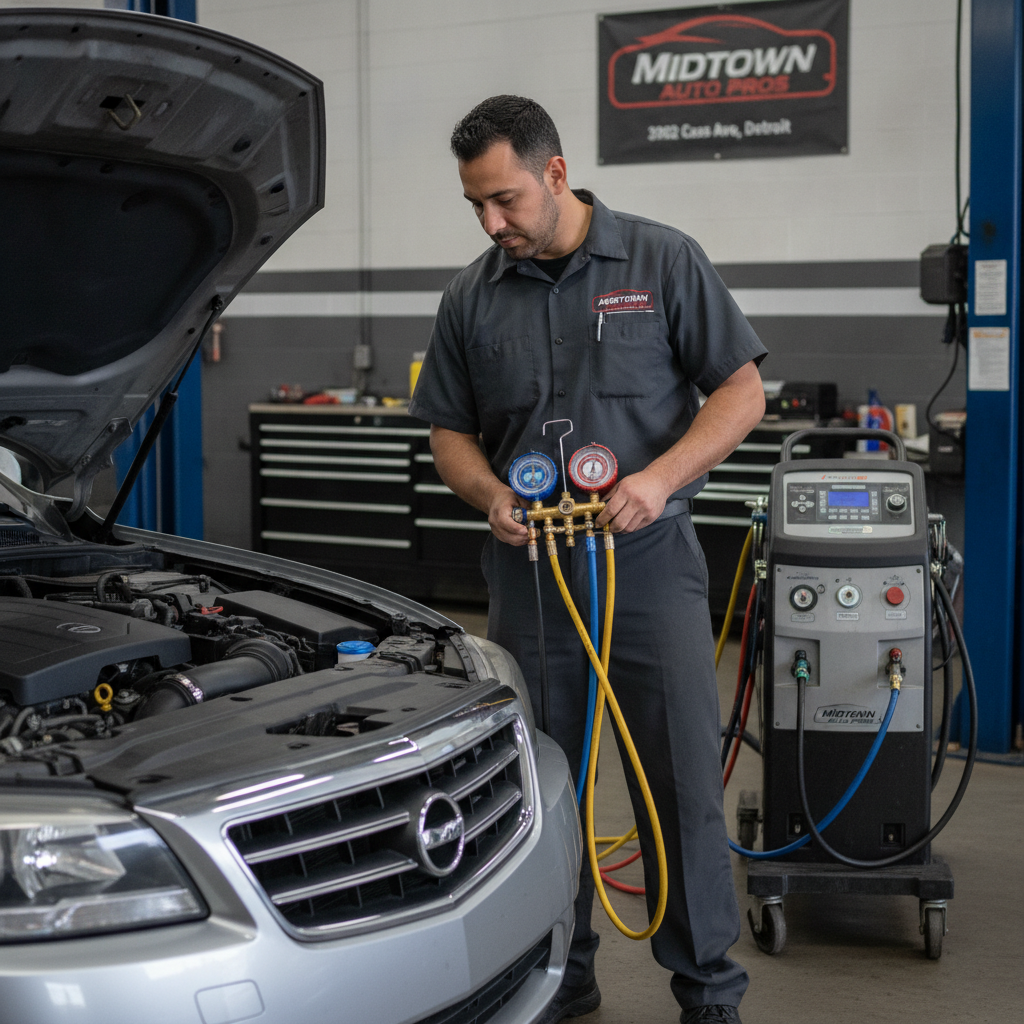 Automotive technician servicing car air conditioning system with refrigerant recharge equipment