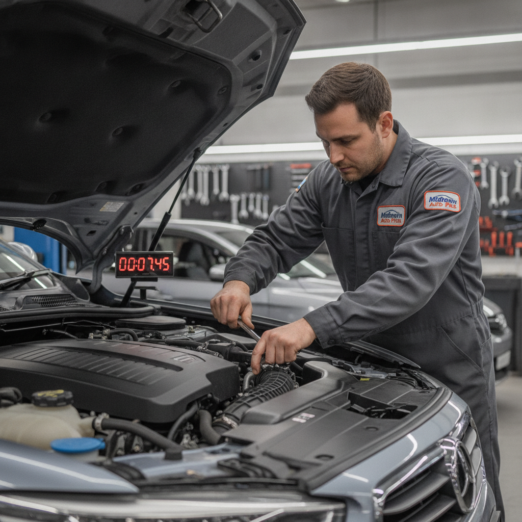 Fast auto repair technician working quickly on car engine with stopwatch
