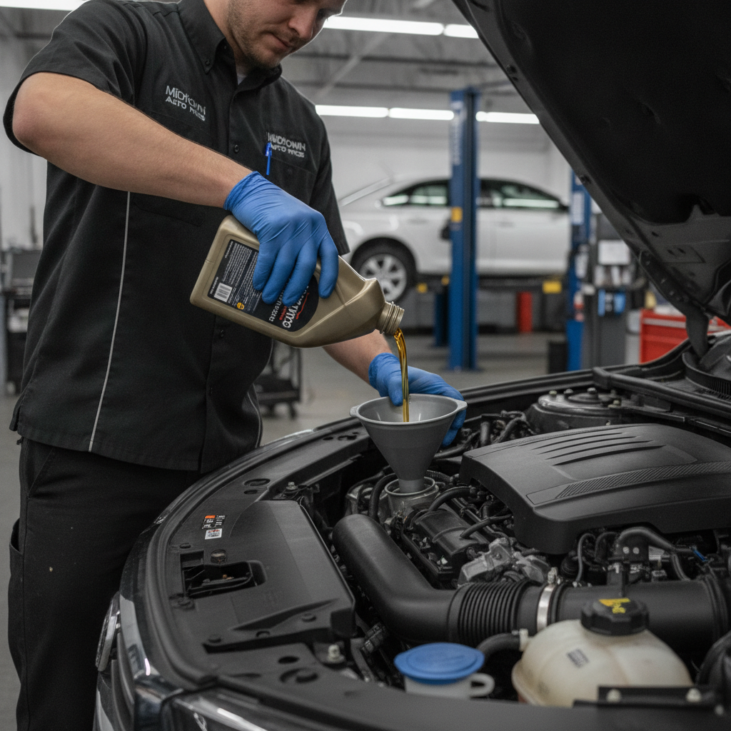 Mechanic pouring fresh synthetic motor oil into car engine during oil change service