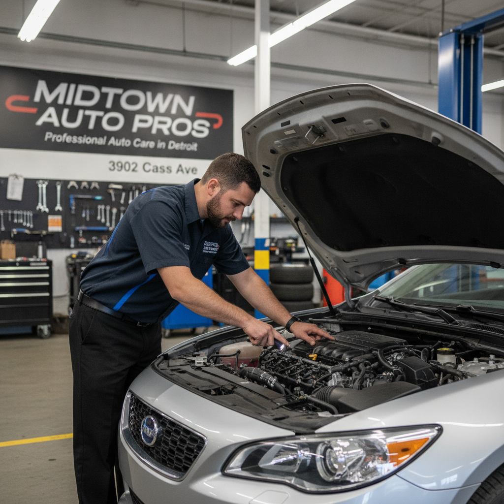 Professional mechanic inspecting vehicle engine at Midtown Auto Pros