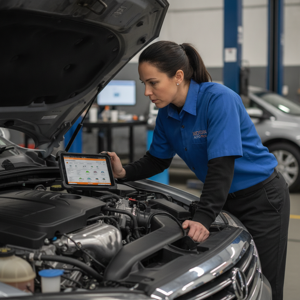 Auto technician using computer diagnostic scanner on car engine to identify issues